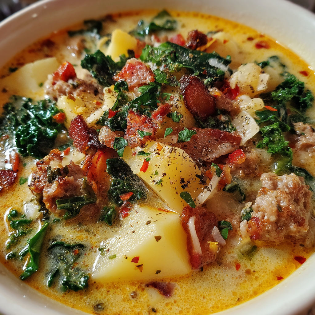 A bowl of soup with bacon, potatoes, and greens.