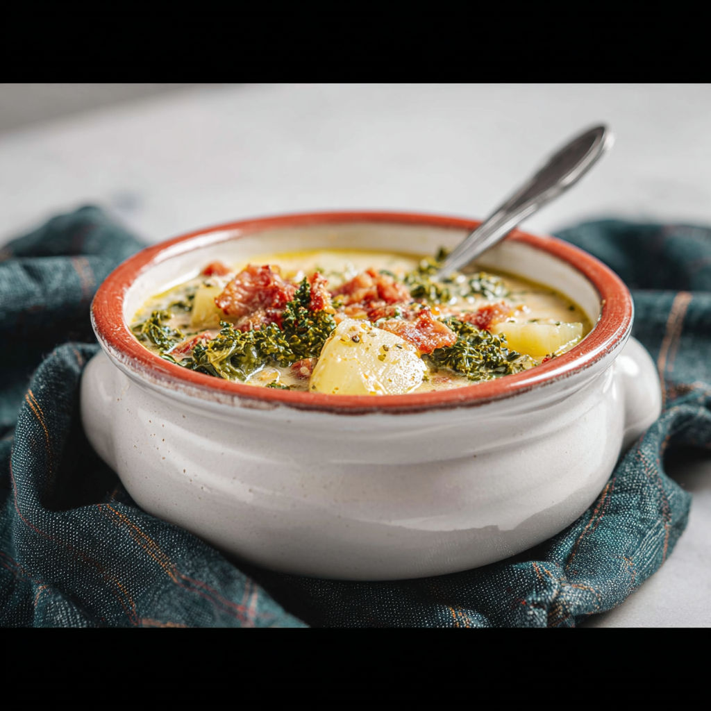 A bowl of soup with a spoon in it.