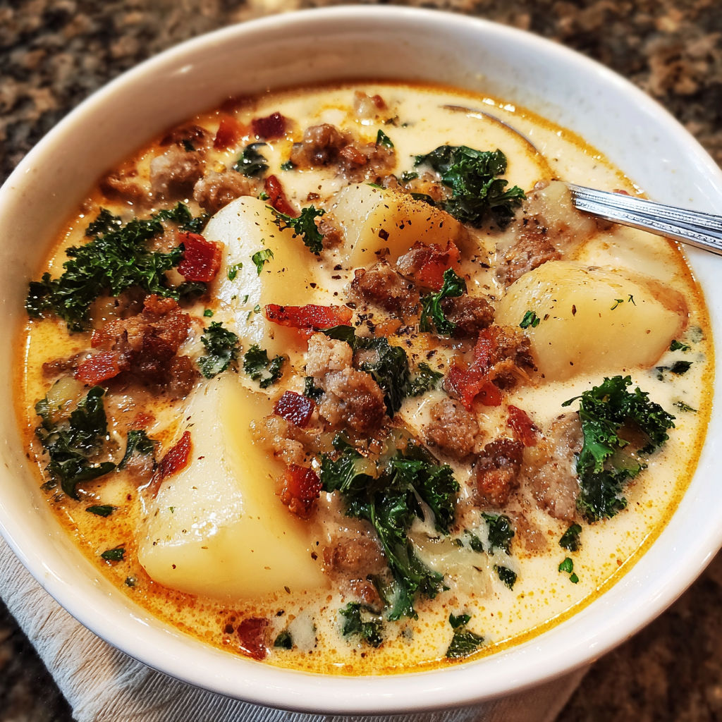 A bowl of soup with meat and vegetables.