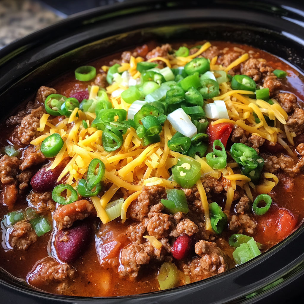 A bowl of chili with cheese and peppers.