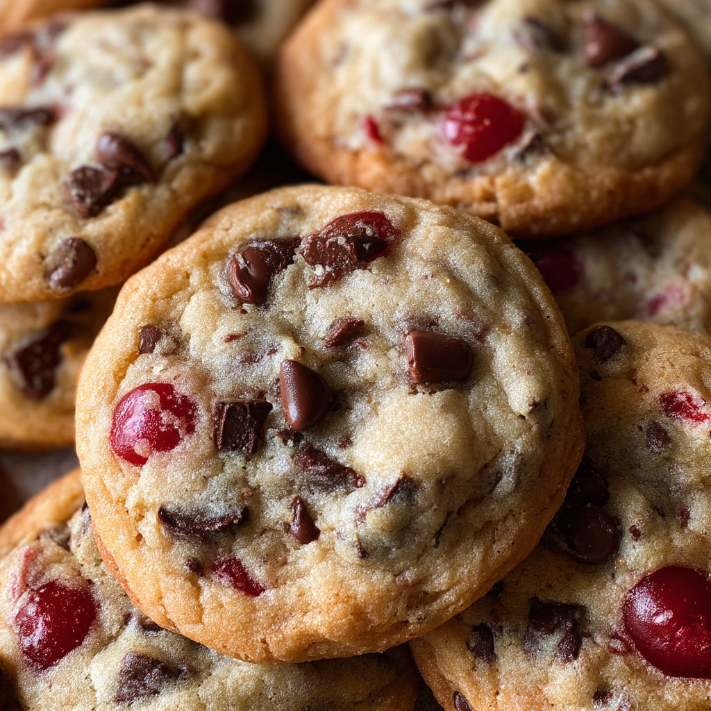 A close up of a chocolate chip cookie with chocolate chips and red berries.