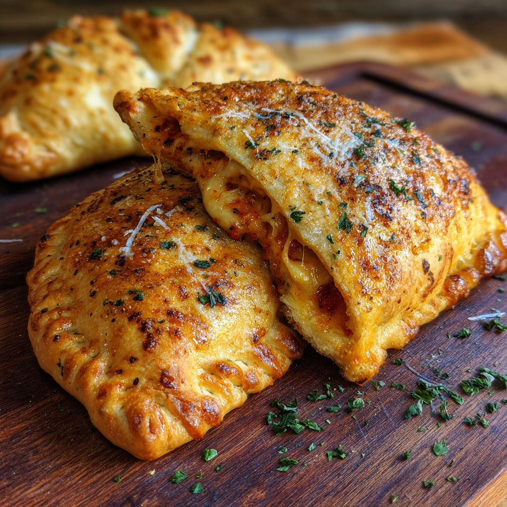 Two homemade hot pockets on a wooden cutting board.