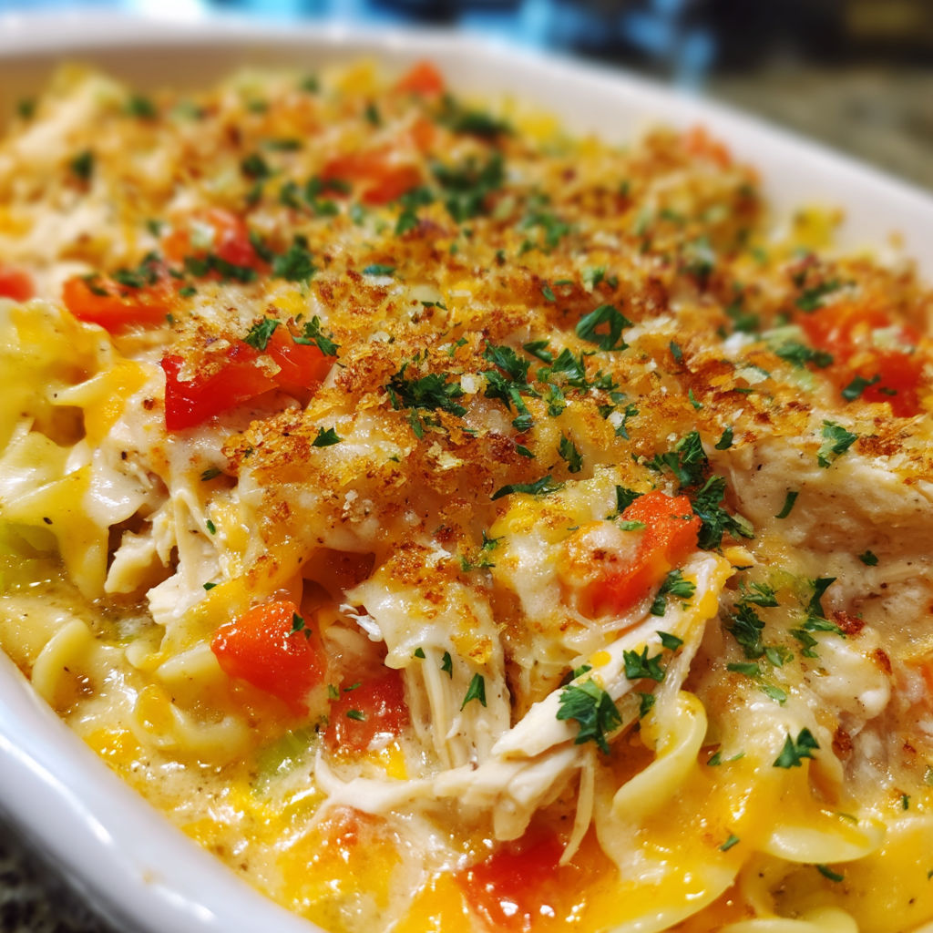 A white bowl filled with a Ritz Chicken Casserole.