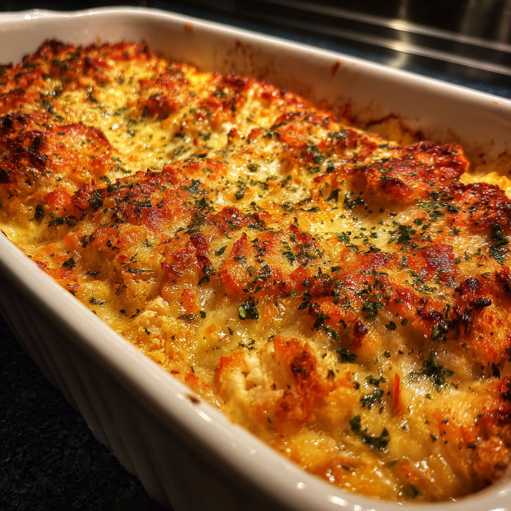 A Ritz Chicken Casserole in a white bowl.