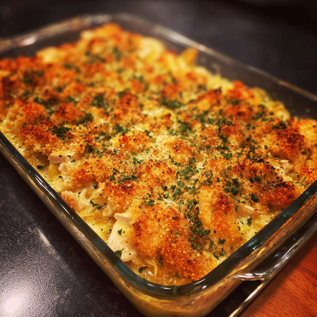 A Ritz Chicken Casserole in a glass dish.