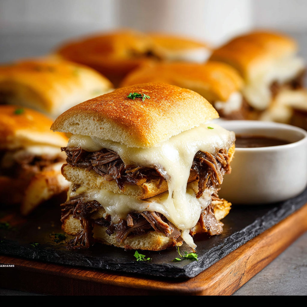 French dip sliders on a black cutting board.