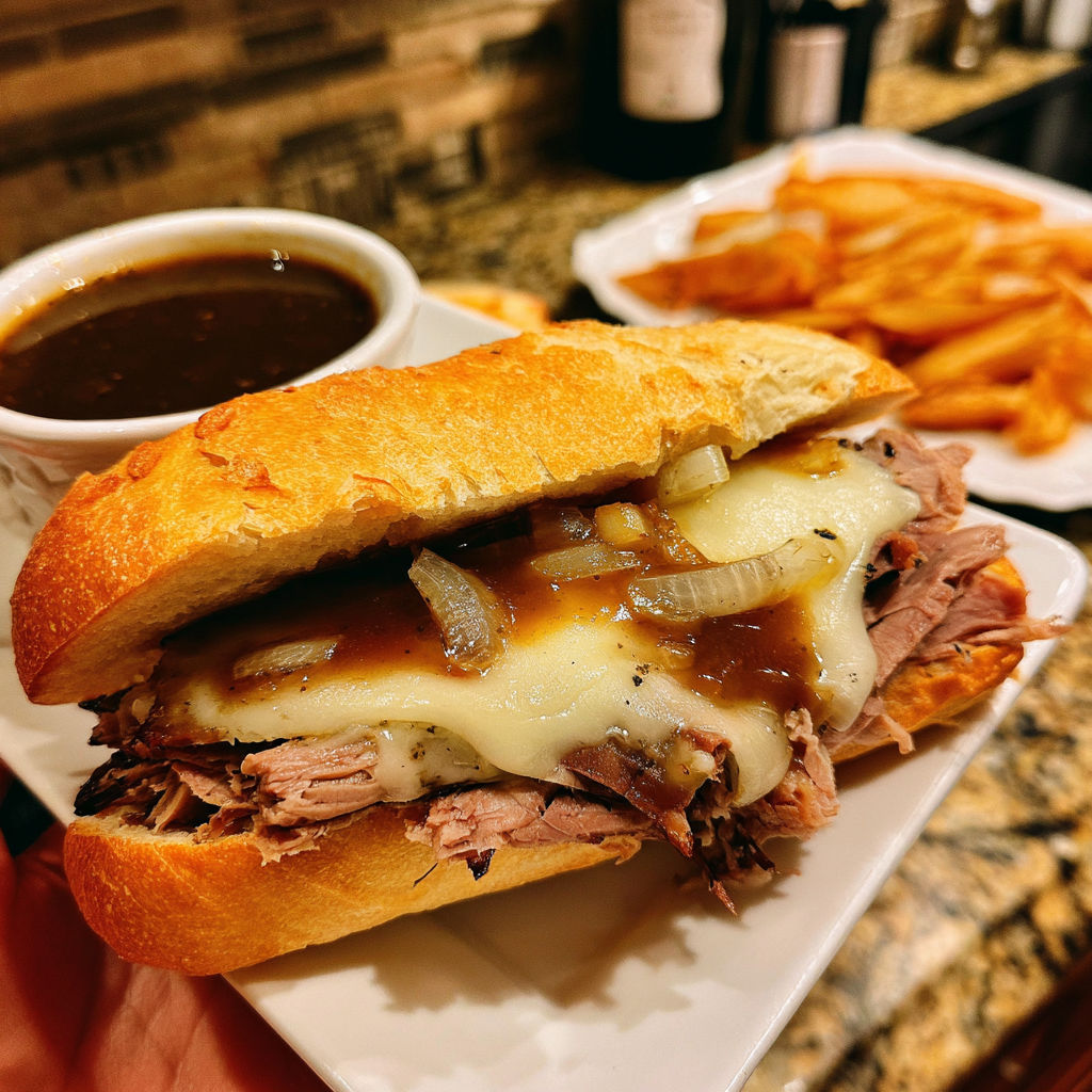 A sandwich with onions and cheese on a plate.