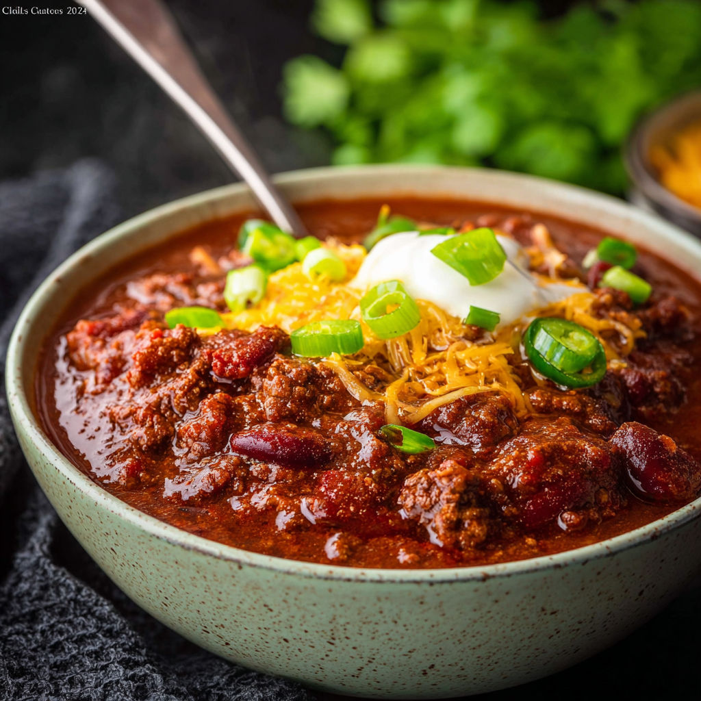 A bowl of chili with a spoon in it.