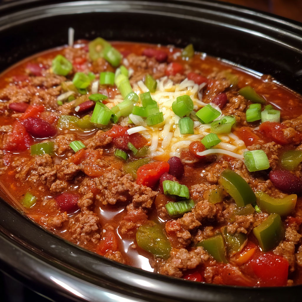 A bowl of chili with green peppers and cheese.