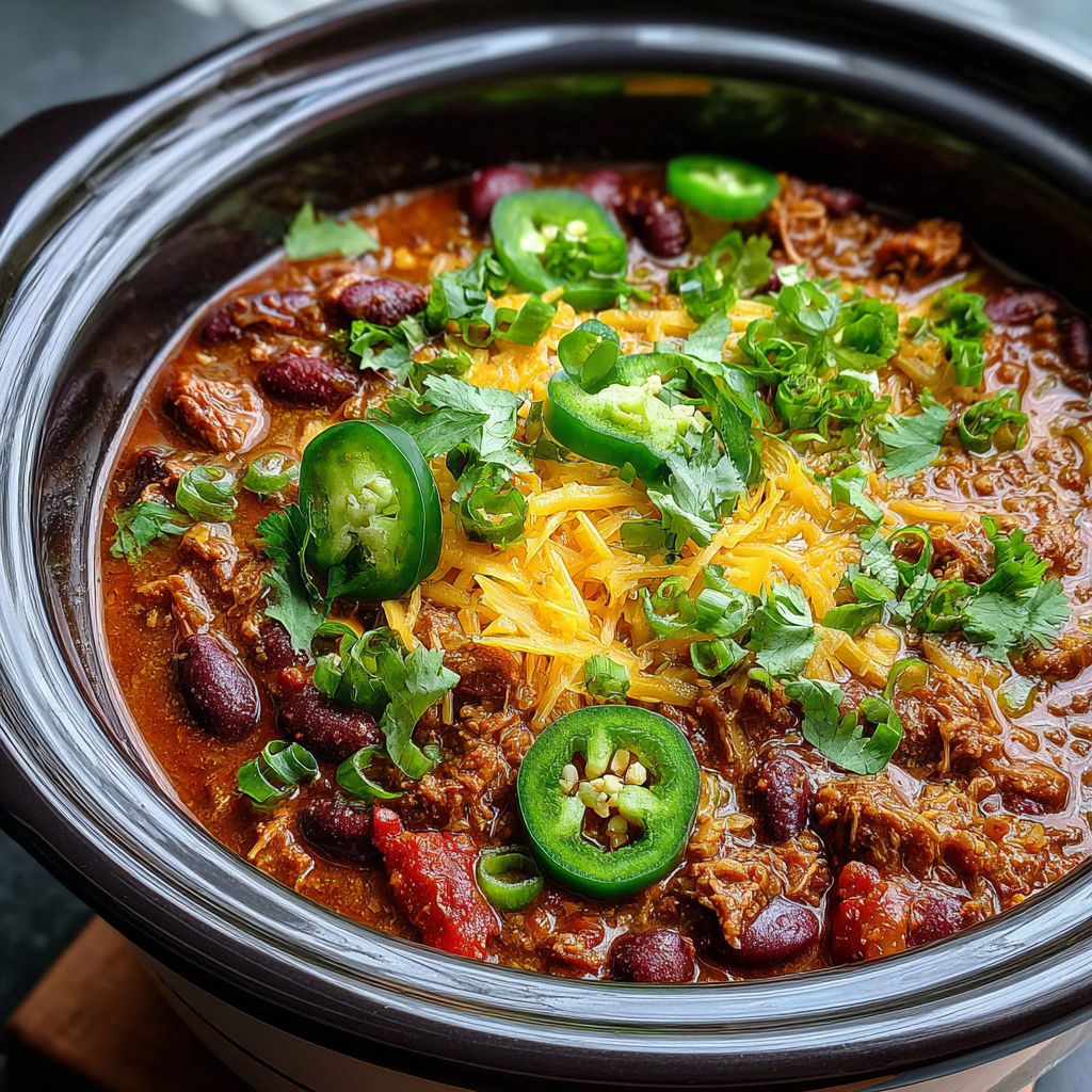 A bowl of chili with green peppers and cheese.