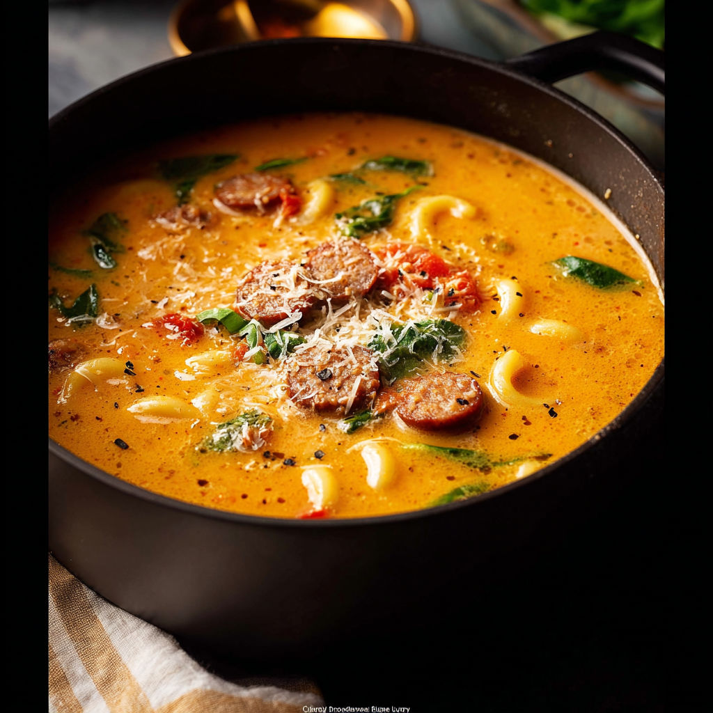 A bowl of soup with Italian sausage and pasta.