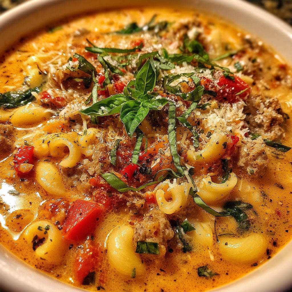A bowl of pasta with meat and vegetables.