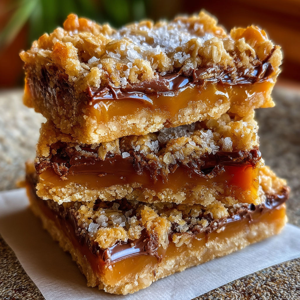 A stack of three brownies with chocolate drizzle.