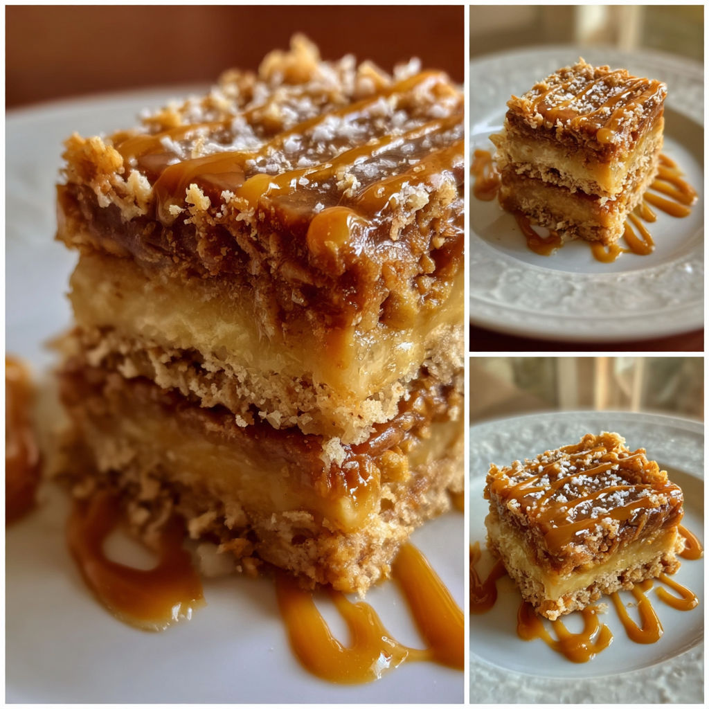 A close up of a piece of cake with caramel drizzled on top.