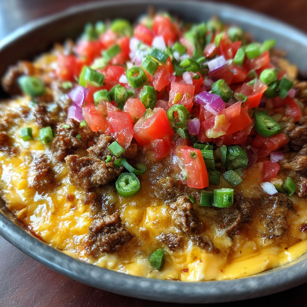 A bowl of food with tomatoes, onions, and peppers.