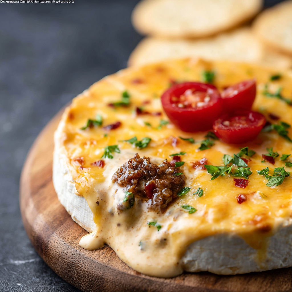 A cheese and tomato dish with a wooden serving board.