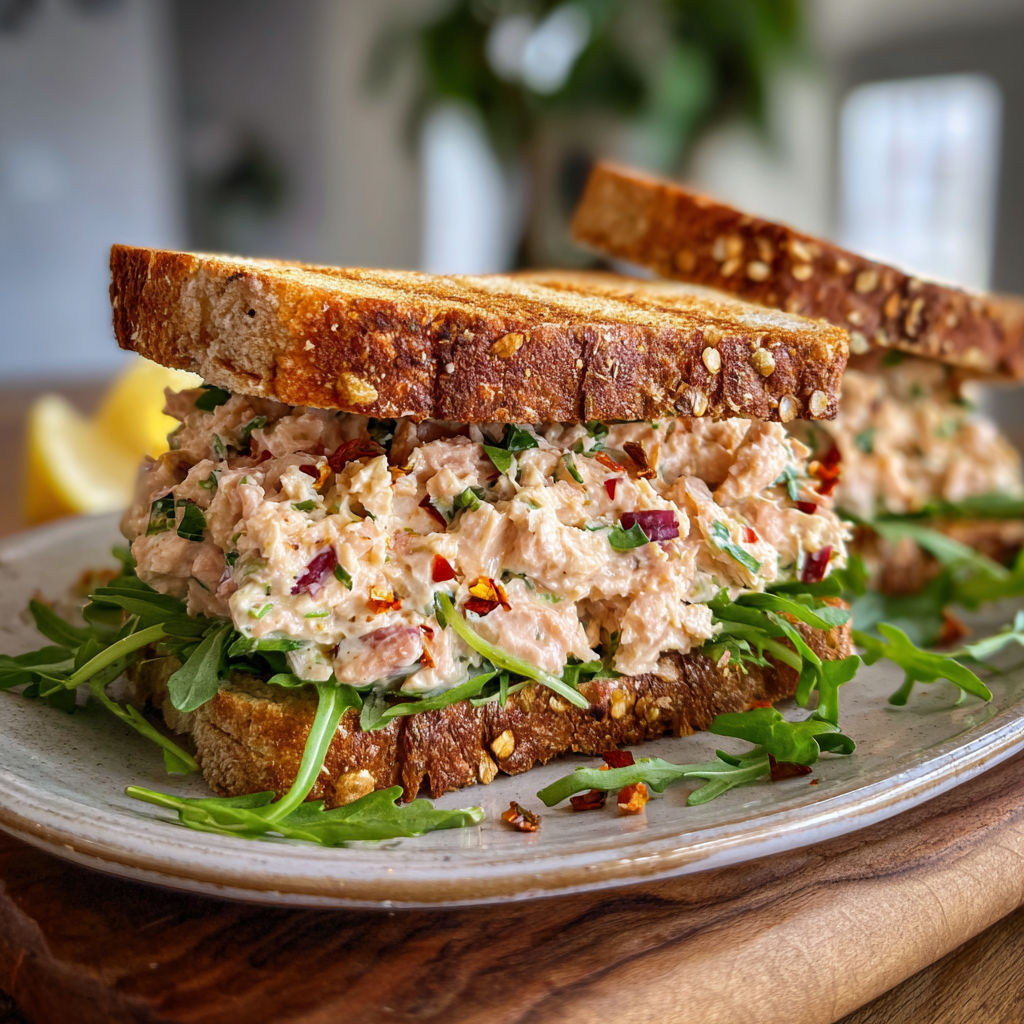 A sandwich with lettuce, tomato, and spicy tuna salad.