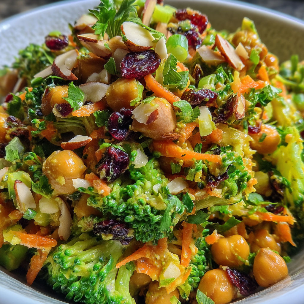 A bowl of vegetables including broccoli, carrots, and chickpeas.