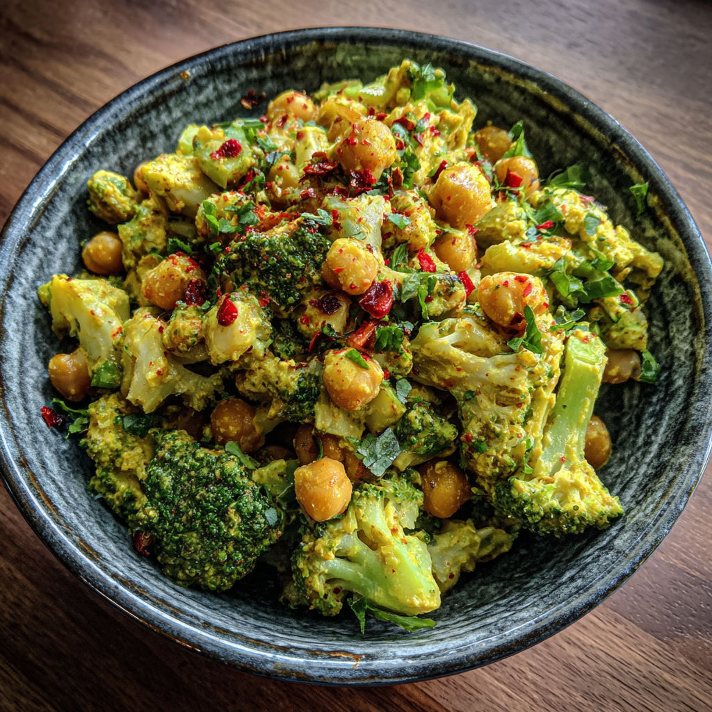 A bowl of vegetables including broccoli and chickpeas.