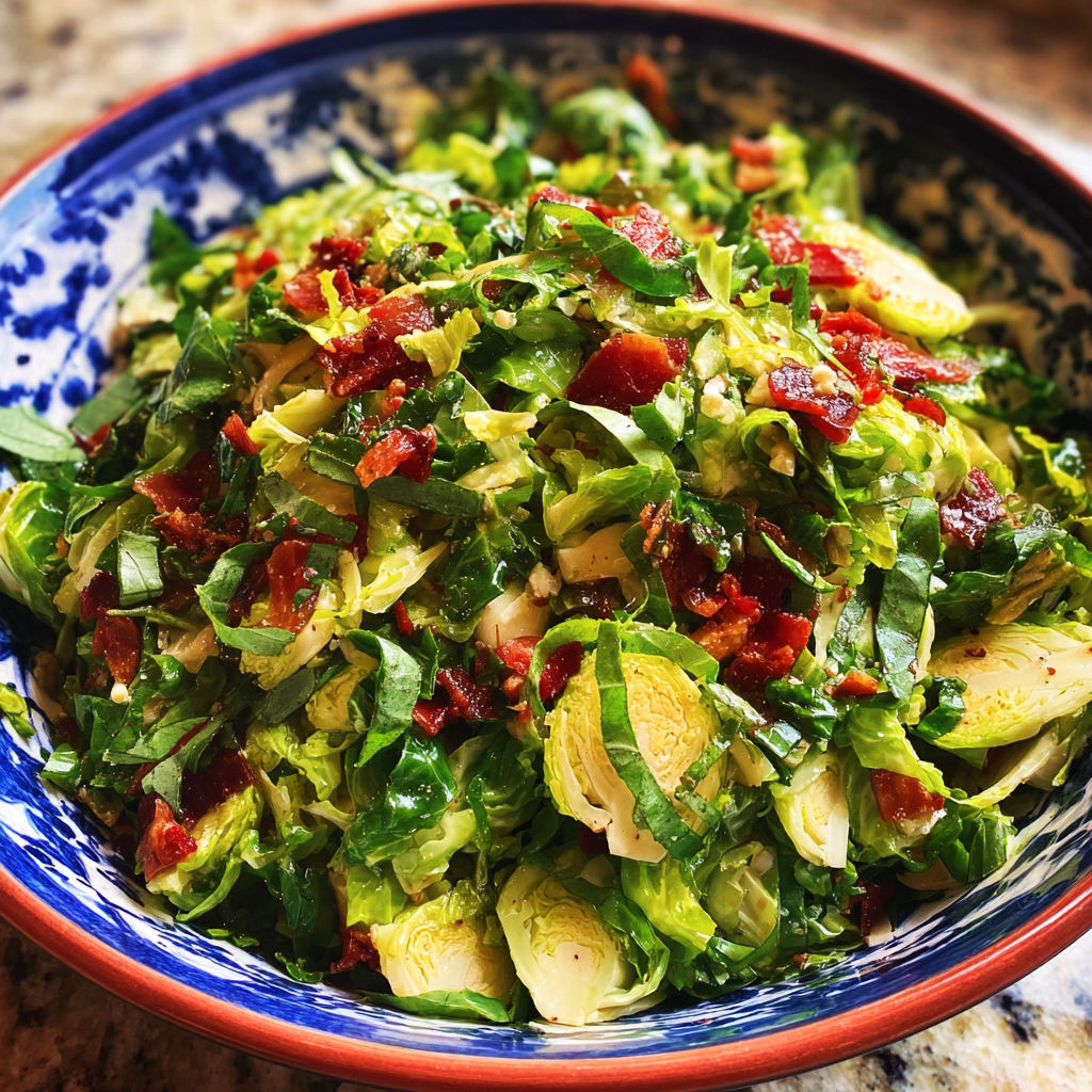 A bowl of greens and bacon.