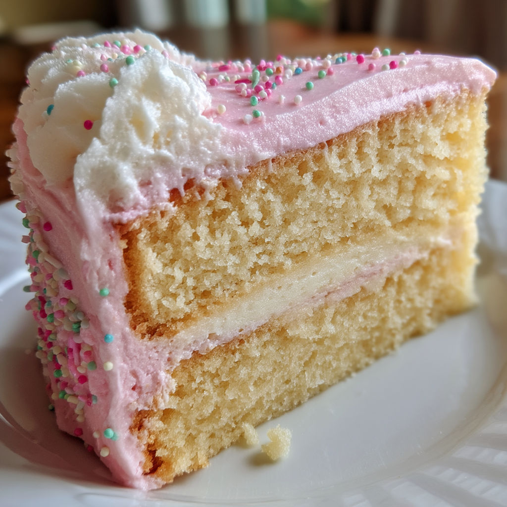 A slice of vanilla layer cake with pink frosting.