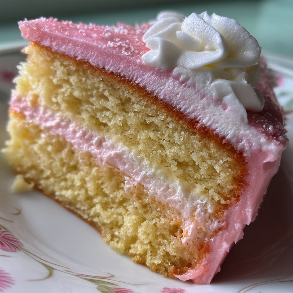 A slice of vanilla layer cake with pink icing and white whipped cream.