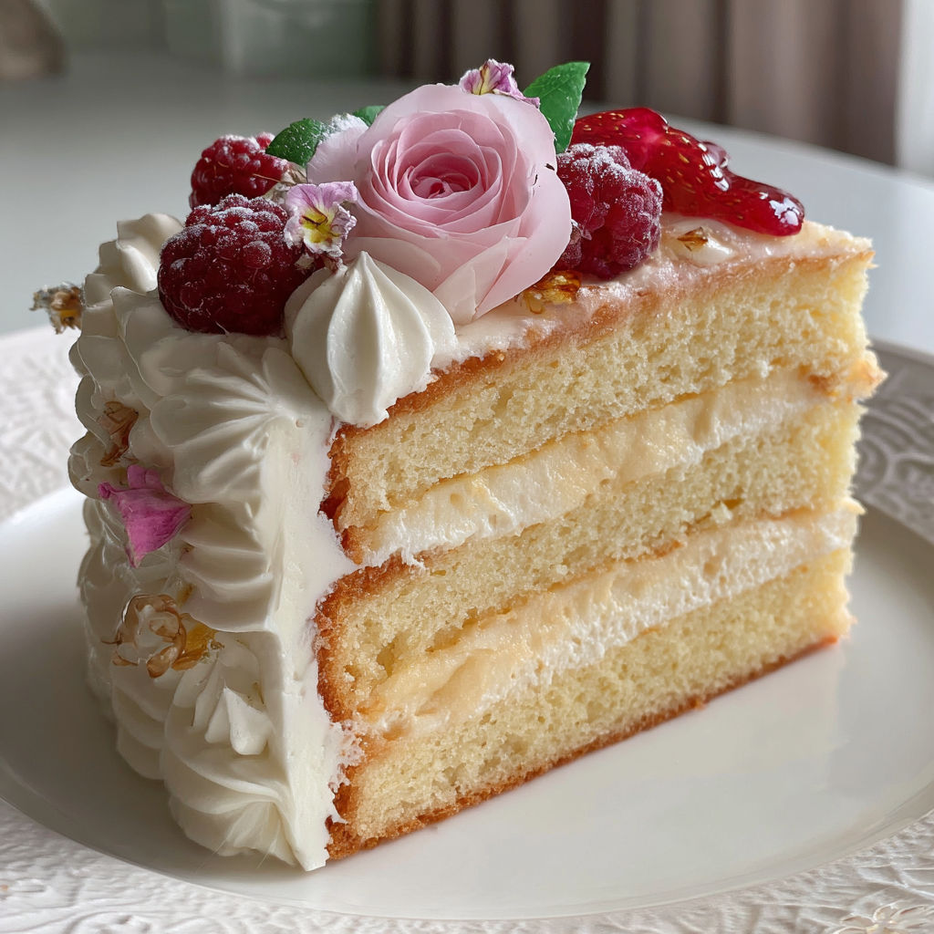 A slice of a vanilla layer cake with white frosting and a rose.