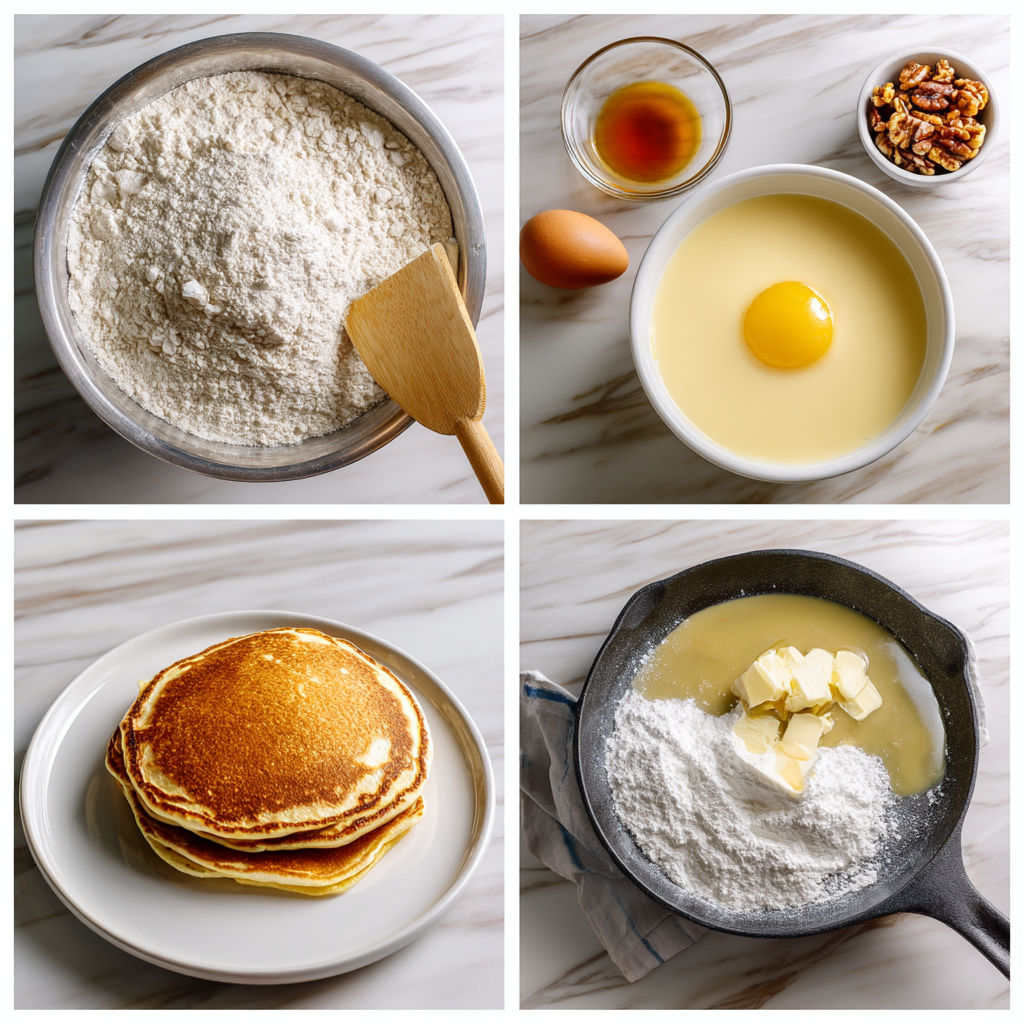 A series of images showing the process of making pancakes.