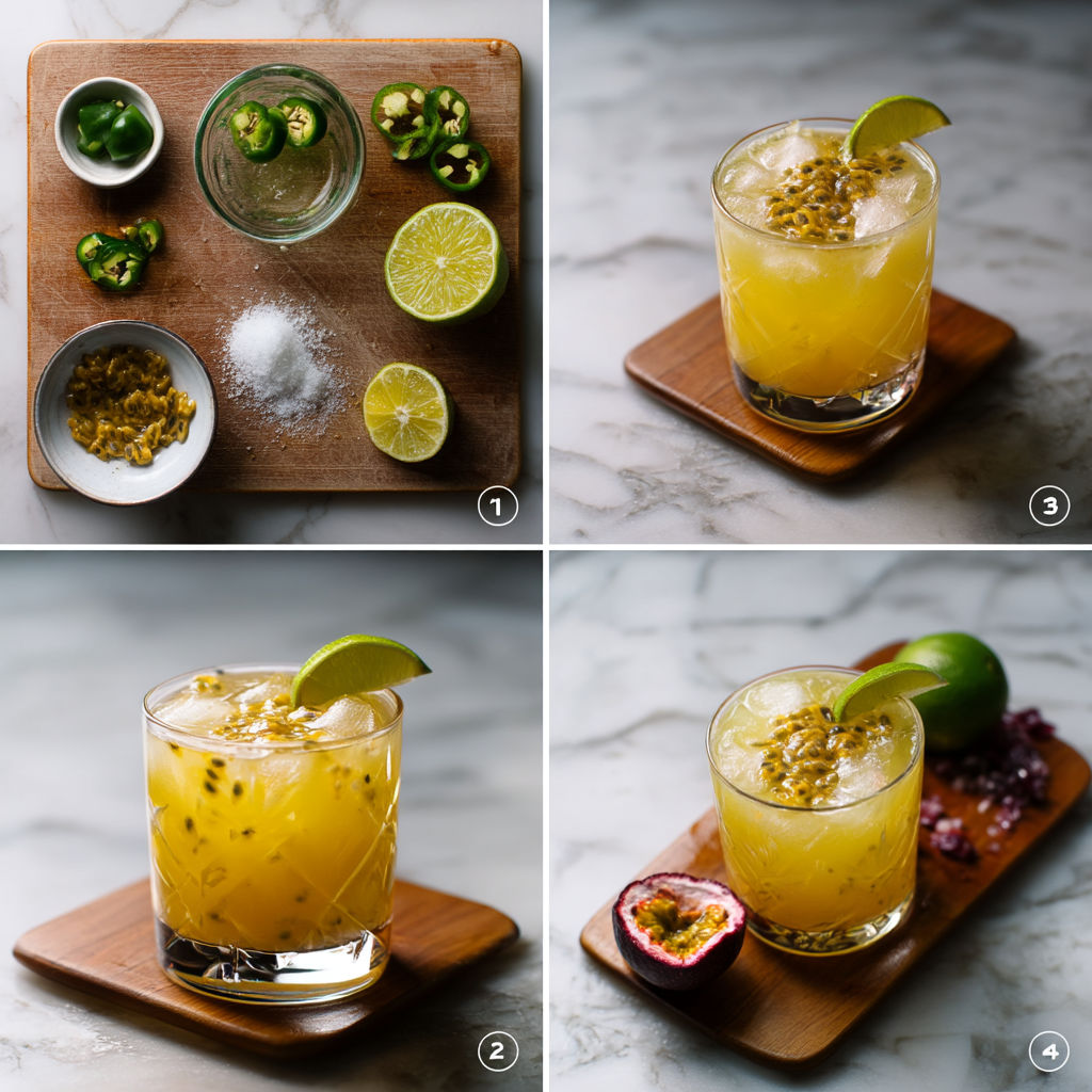 A series of images showcasing a spicy passion fruit margarita.