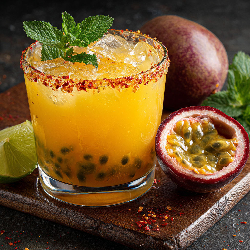 A glass of a spicy passion fruit margarita.