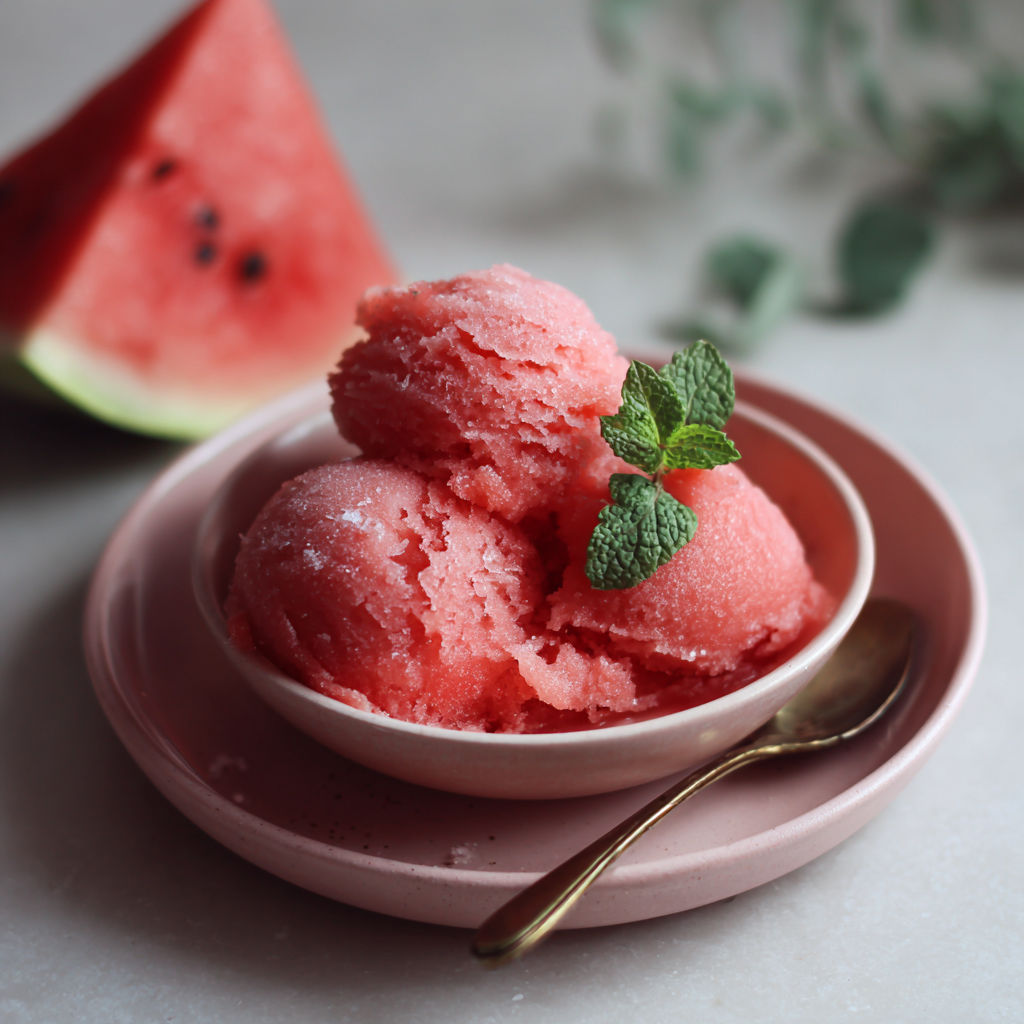 A bowl of watermelon ice cream with a mint leaf on top.