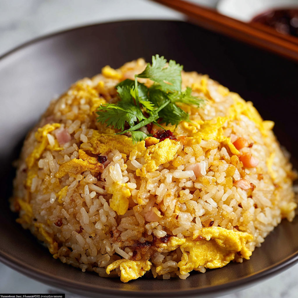A bowl of rice with a green vegetable on top.
