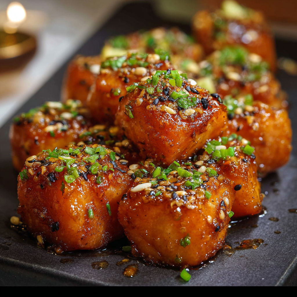 Honey garlic salmon bites on a black plate.