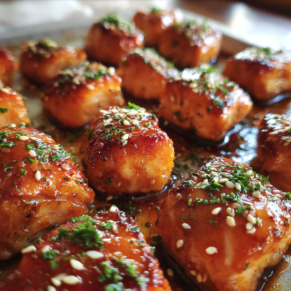 Honey garlic salmon bites on a tray.