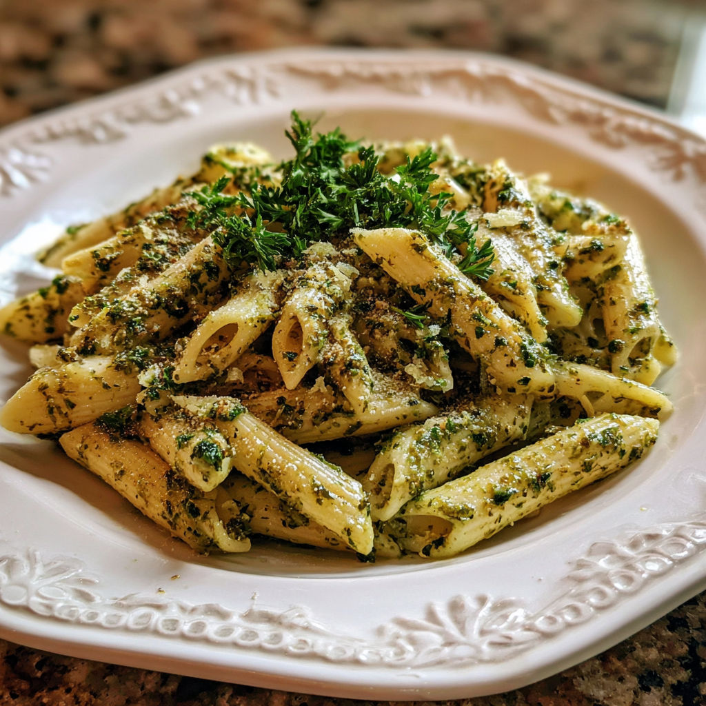 A plate of pasta with pesto sauce.