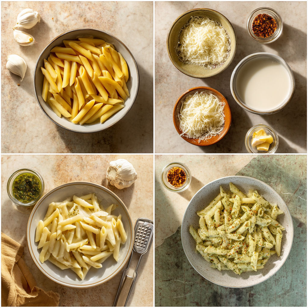 A bowl of pasta with cheese and garlic.