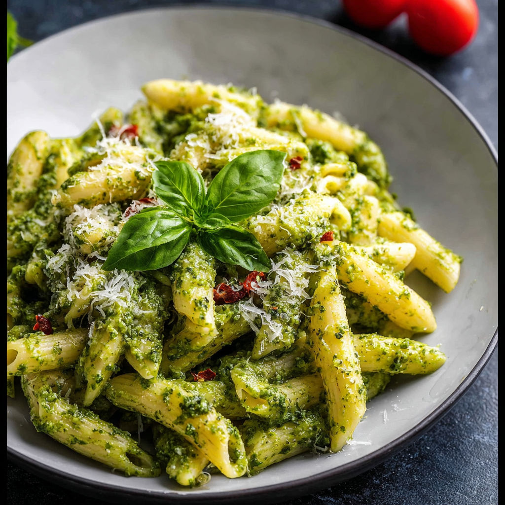 A plate of pasta with cheese and basil.