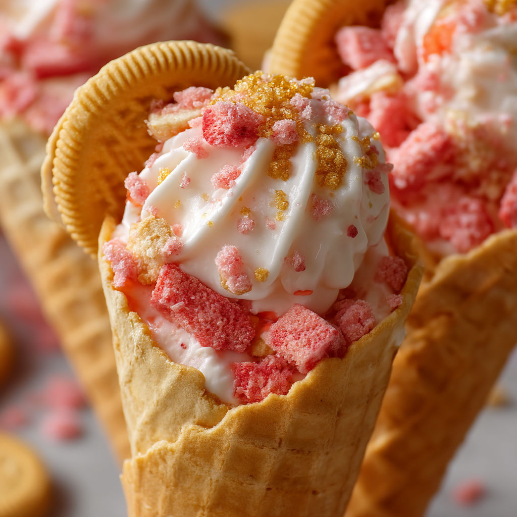 A cone filled with strawberry crunch cheesecake.