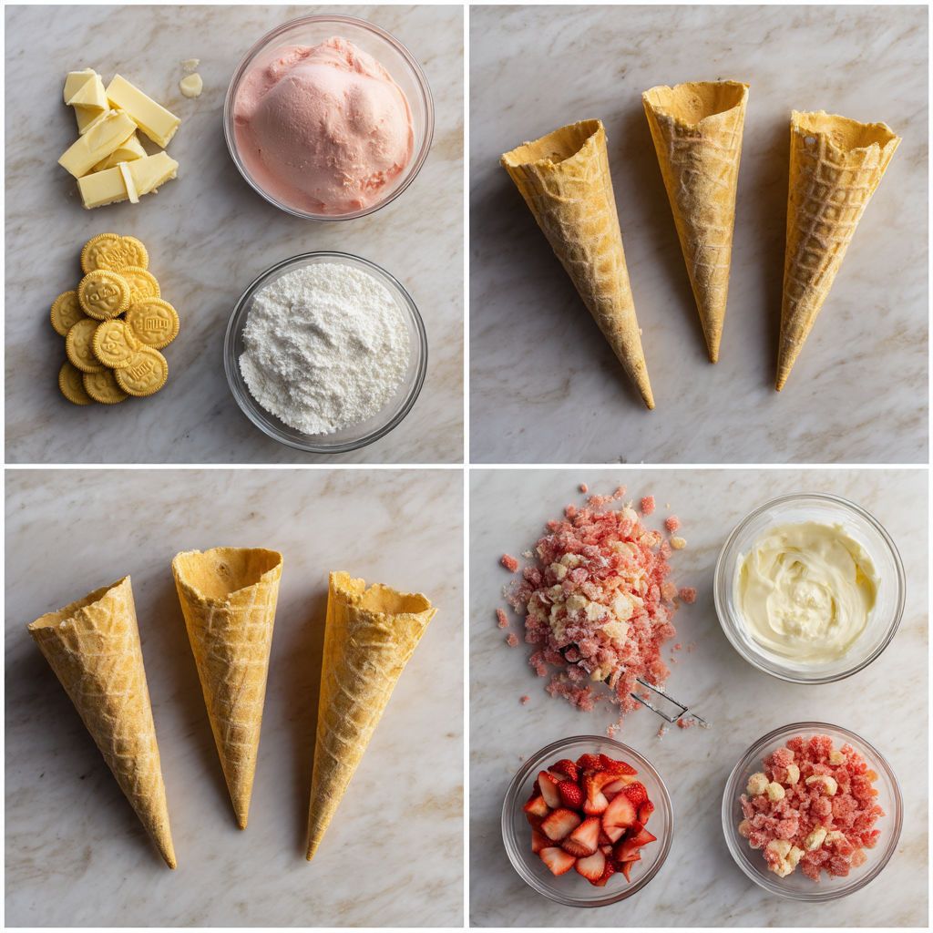 A close up of a strawberry crunch cheesecake cone.