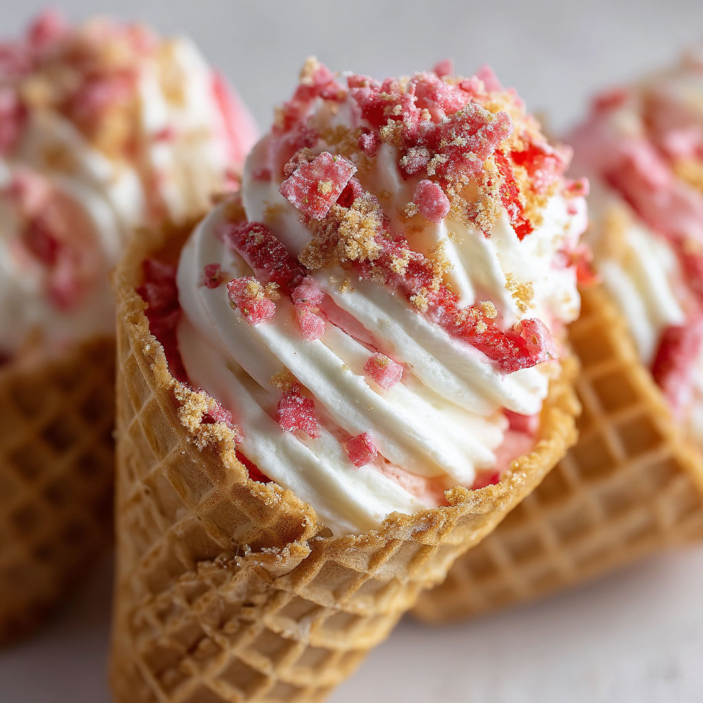 Three scoops of strawberry crunch cheesecake cones.