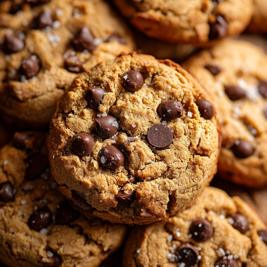 A close up of a chocolate chip cookie.