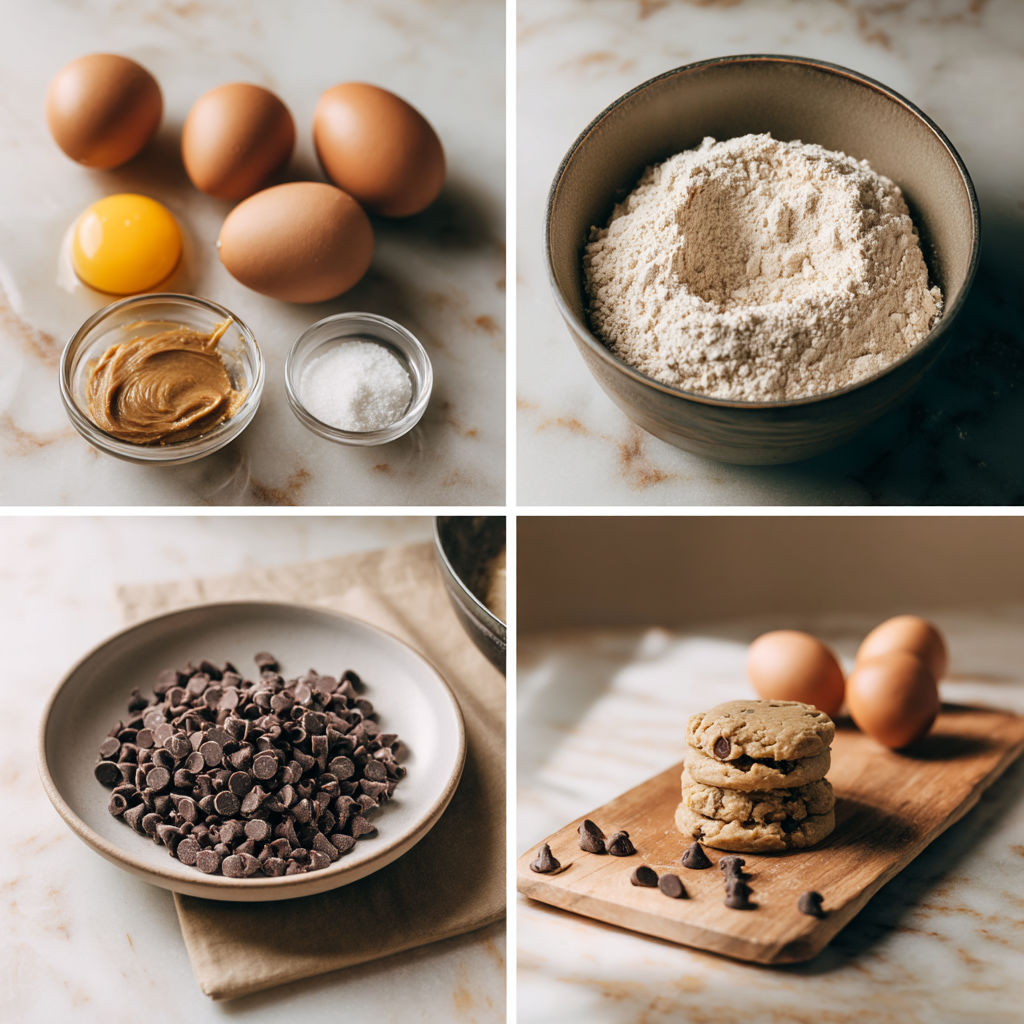 A collage of images showing the process of making a protein cookie with chocolate chips.