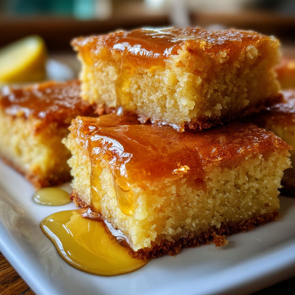 A stack of cake with syrup drizzled on top.