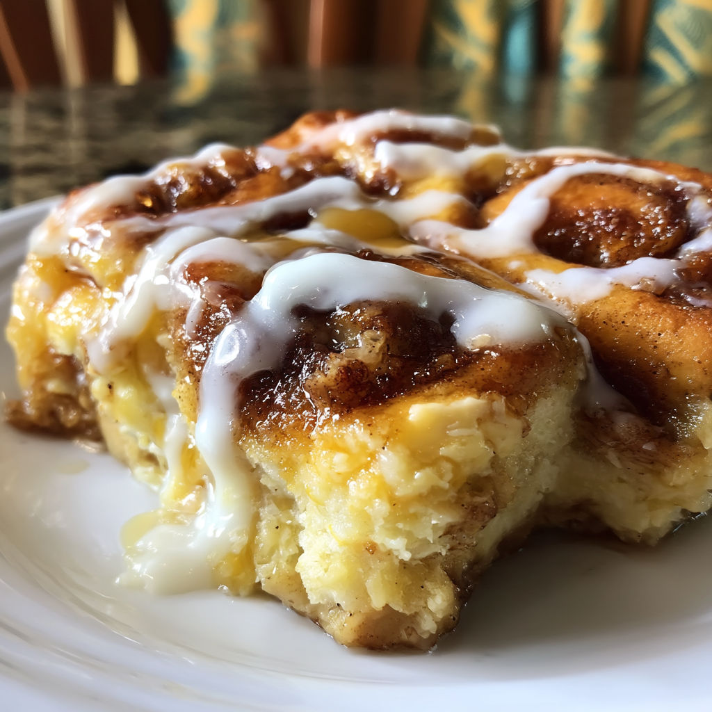 A cinnamon roll casserole on a white plate.