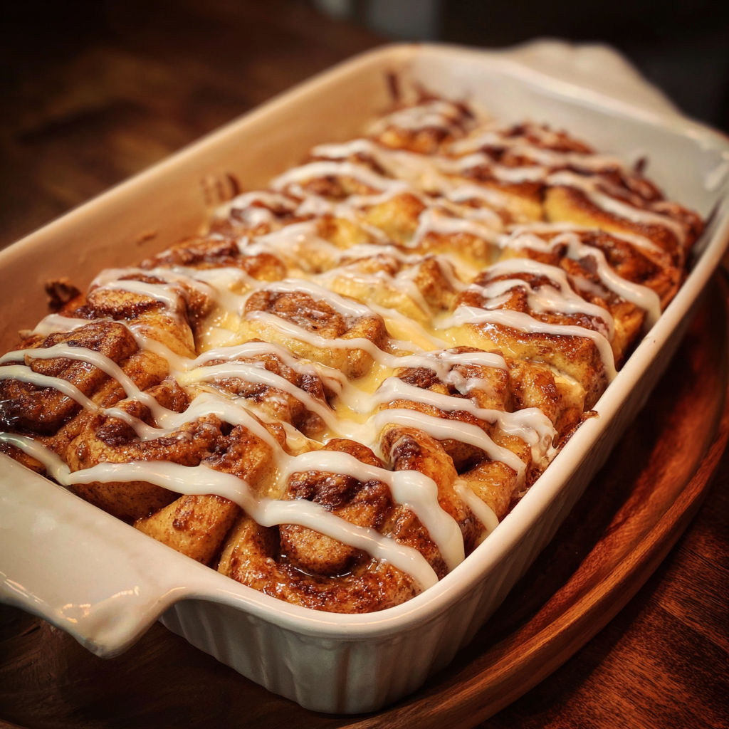 A cinnamon roll casserole in a white dish.