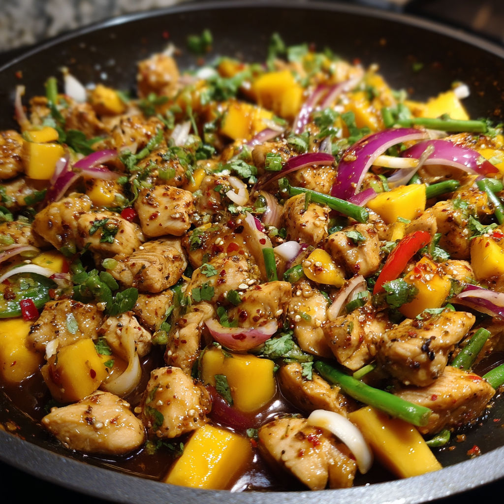 A pan of mango chicken stir fry.