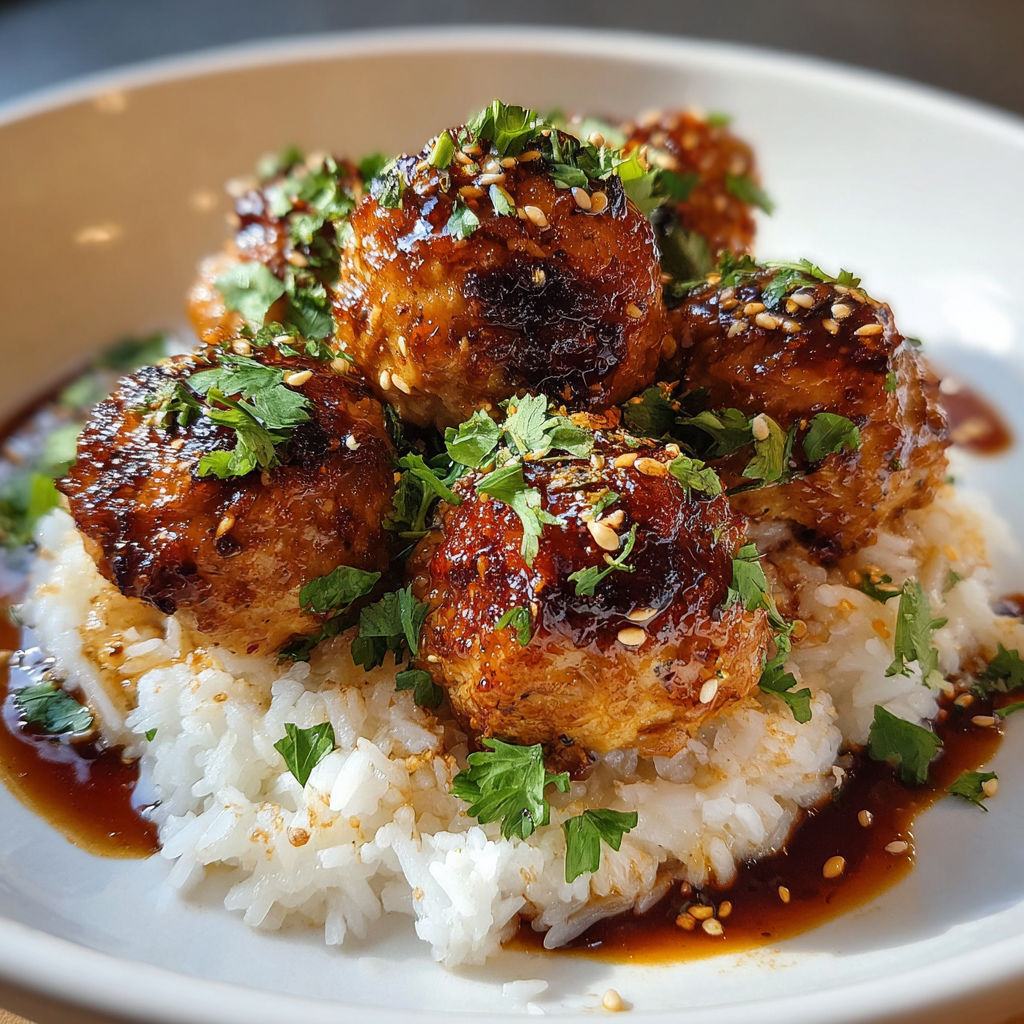 A plate of meatballs with rice and sauce.