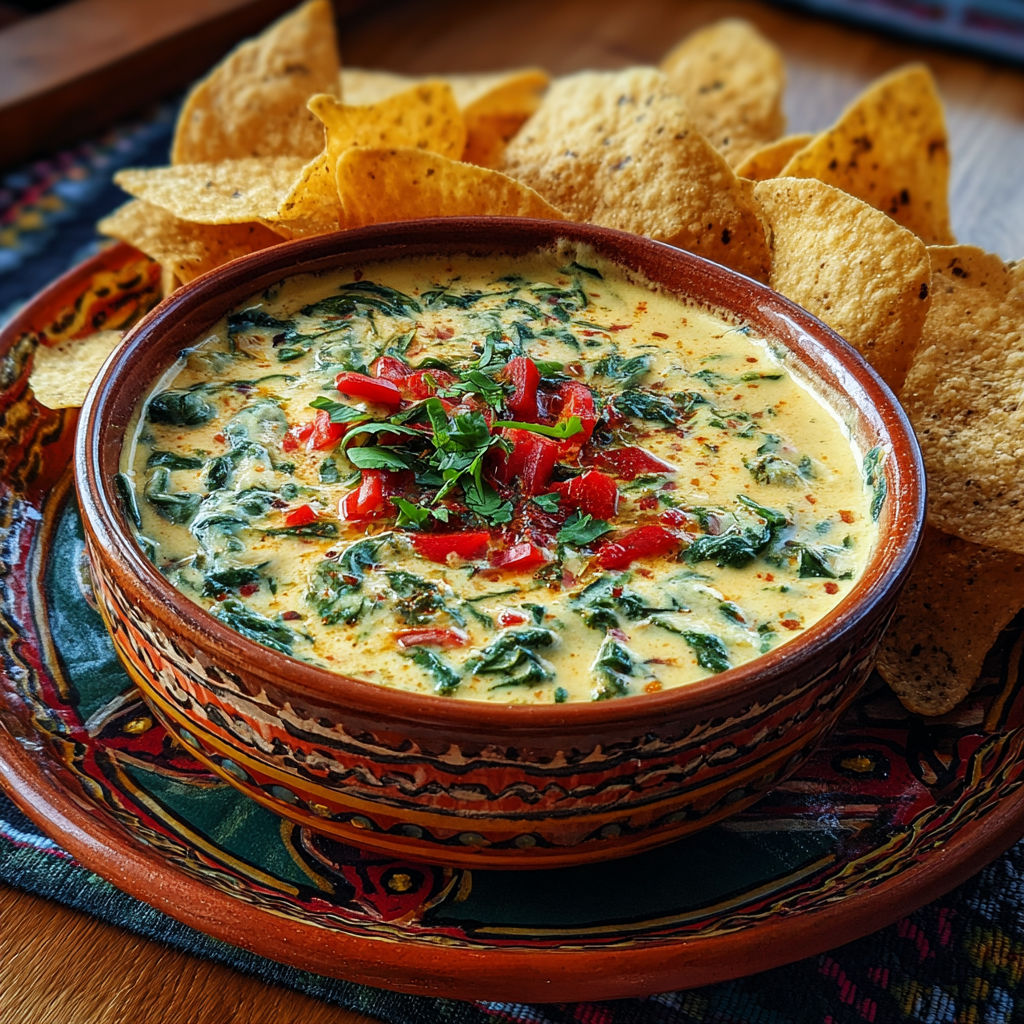 A bowl of spinach queso dip with chips.