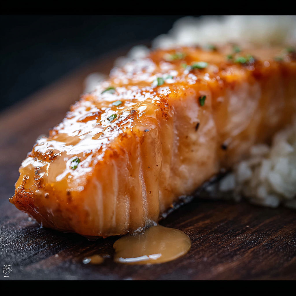 A piece of bang bang salmon on a wooden table.