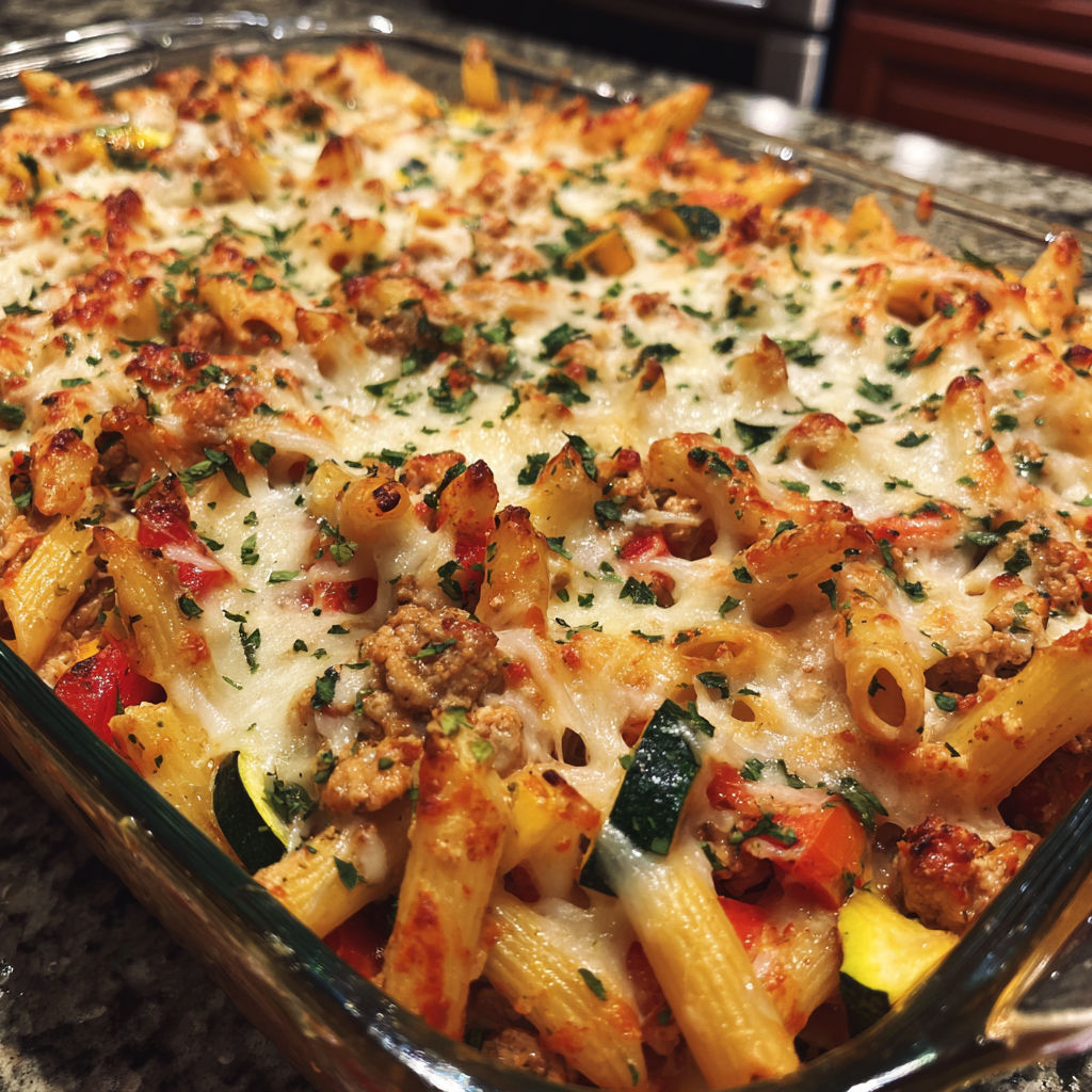 A dish of baked ziti with turkey and vegetables.